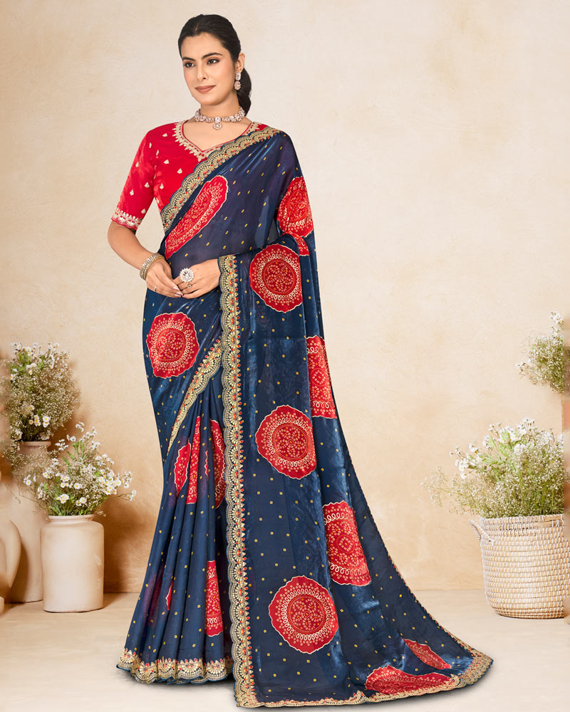 Vishal Prints Navy Blue Printed Chiffon-Satin Bandhani Print Saree With Foil Print And Embroidery Cut Work Border