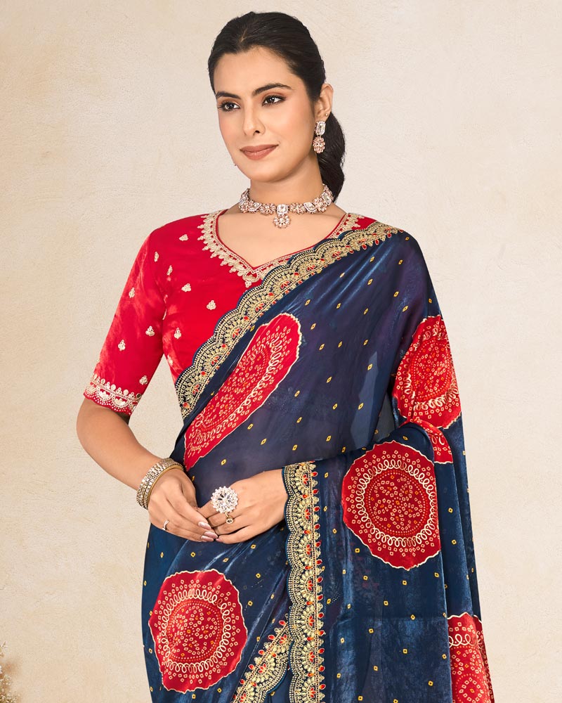 Vishal Prints Navy Blue Printed Chiffon-Satin Bandhani Print Saree With Foil Print And Embroidery Cut Work Border