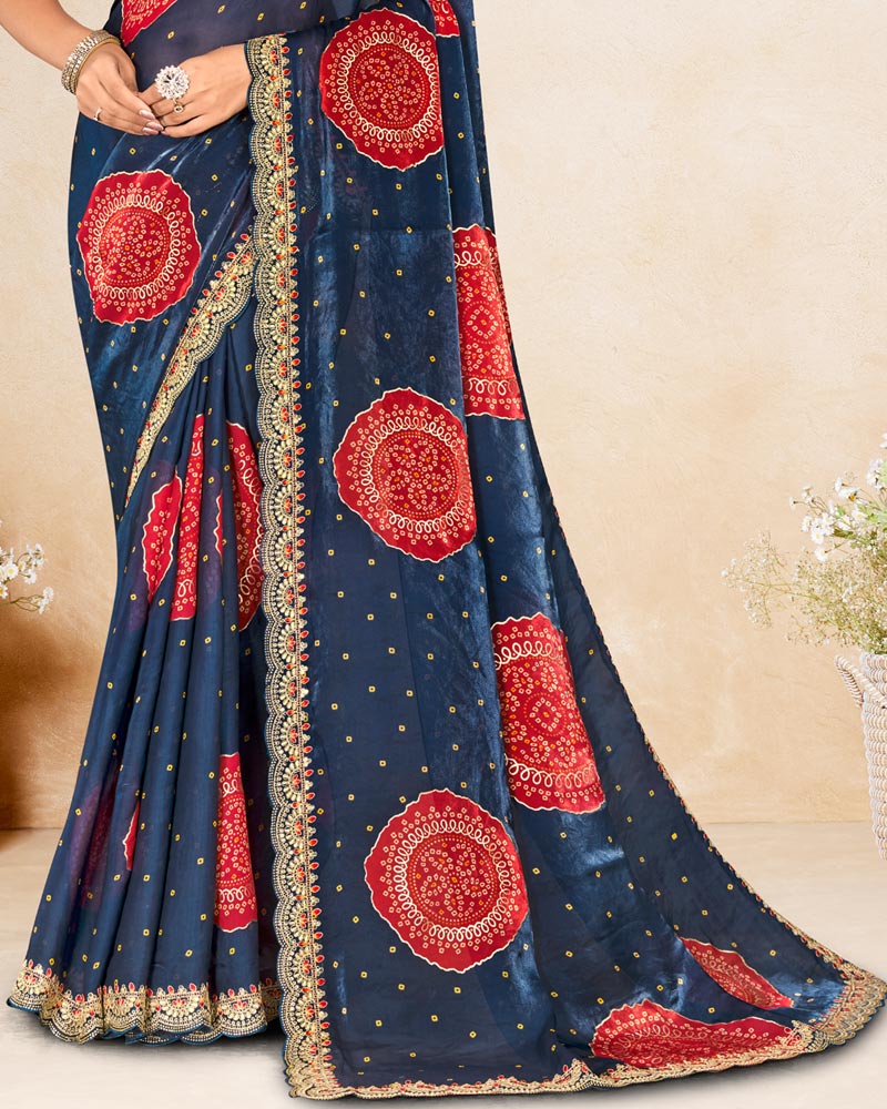 Vishal Prints Navy Blue Printed Chiffon-Satin Bandhani Print Saree With Foil Print And Embroidery Cut Work Border