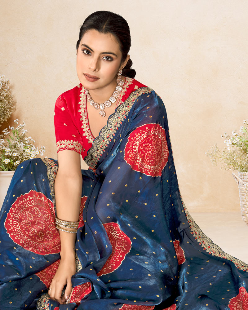 Vishal Prints Navy Blue Printed Chiffon-Satin Bandhani Print Saree With Foil Print And Embroidery Cut Work Border