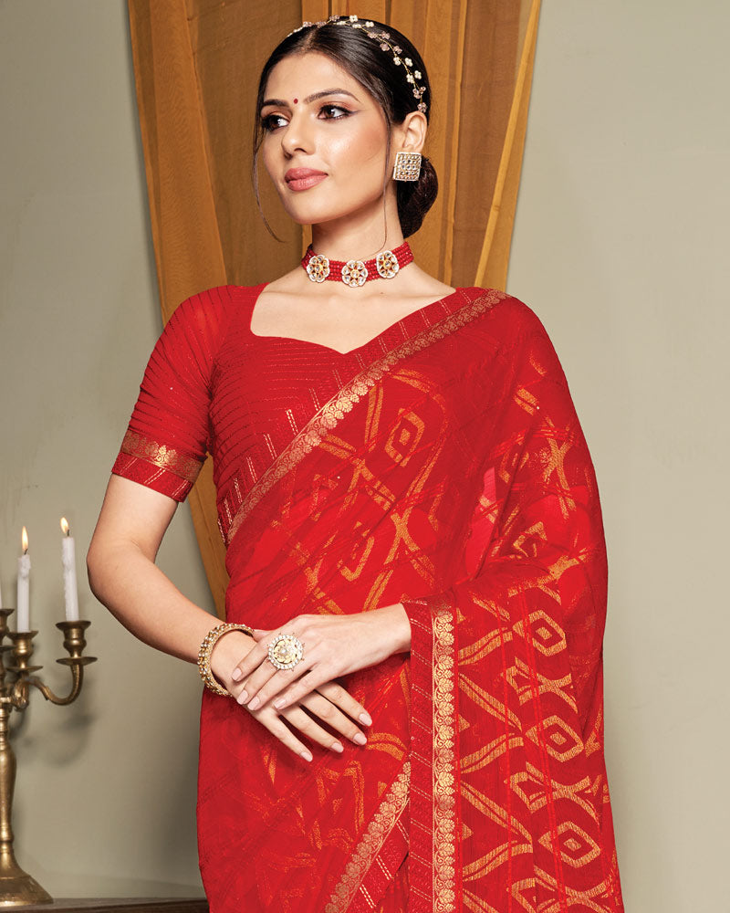 Vishal Prints Lava Red Patterned Brasso Saree With Fancy Zari Border