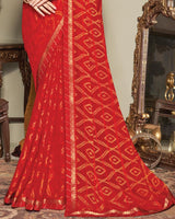 Vishal Prints Lava Red Patterned Brasso Saree With Fancy Zari Border