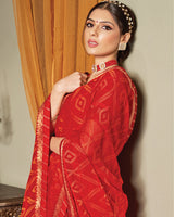 Vishal Prints Lava Red Patterned Brasso Saree With Fancy Zari Border