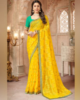 Vishal Prints Dark Yellow Patterned Brasso Saree With Zari Border