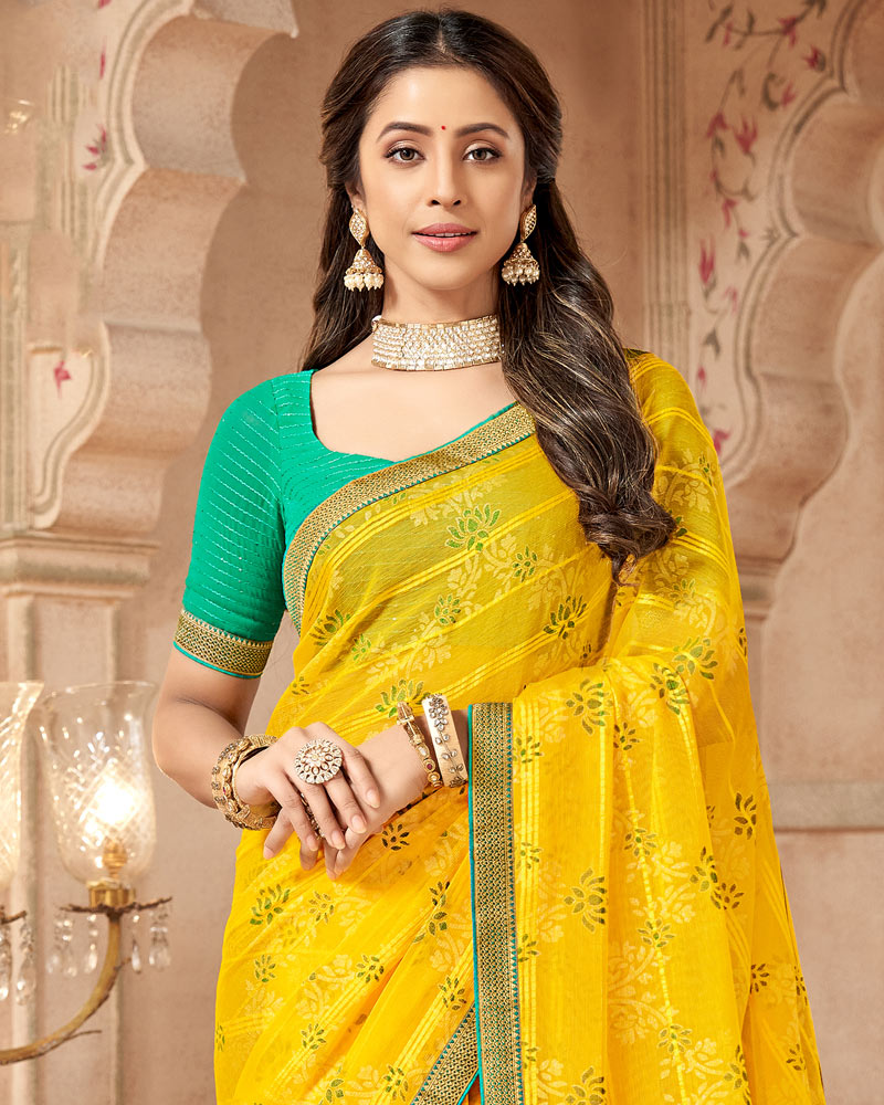 Vishal Prints Dark Yellow Patterned Brasso Saree With Zari Border