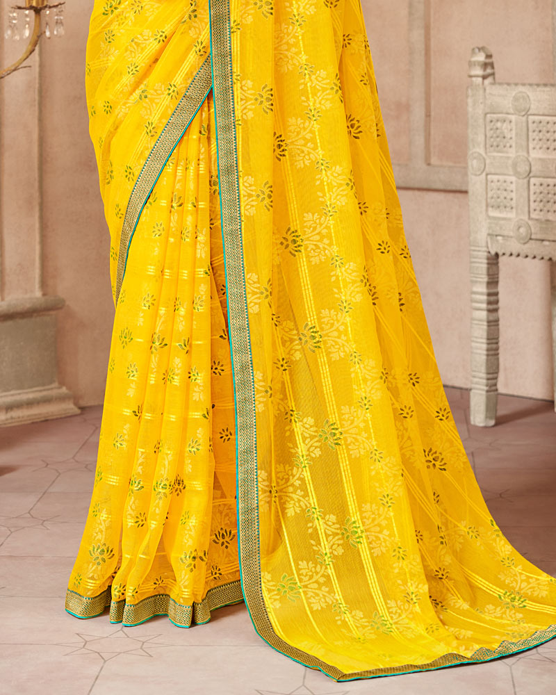Vishal Prints Dark Yellow Patterned Brasso Saree With Zari Border