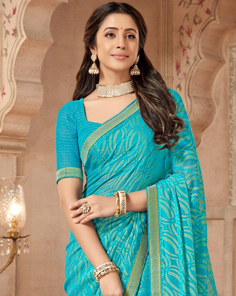 Vishal Prints Dark Turquoise Blue Patterned Brasso Saree With Zari Border