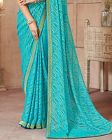 Vishal Prints Dark Turquoise Blue Patterned Brasso Saree With Zari Border