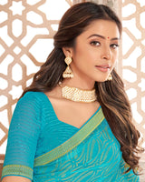 Vishal Prints Dark Turquoise Blue Patterned Brasso Saree With Zari Border