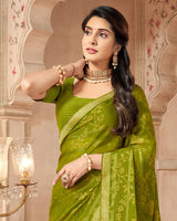 Vishal Prints Mehandi Green Patterned Brasso Saree With Zari Border