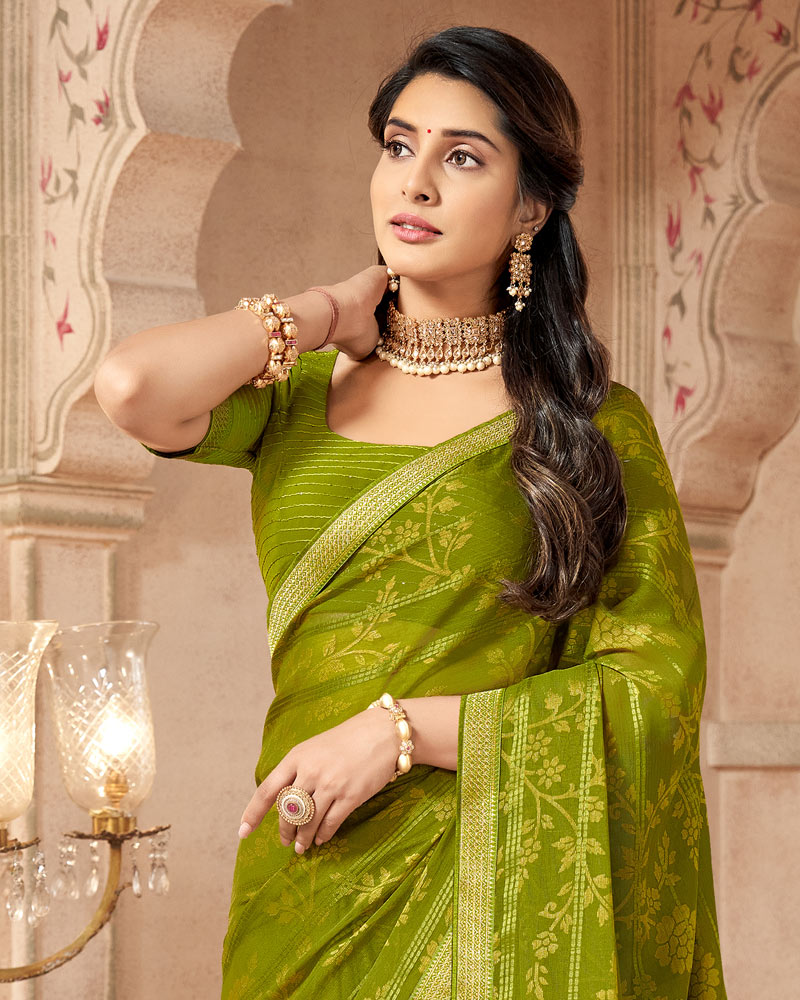Vishal Prints Mehandi Green Patterned Brasso Saree With Zari Border