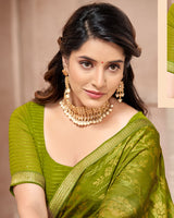 Vishal Prints Mehandi Green Patterned Brasso Saree With Zari Border