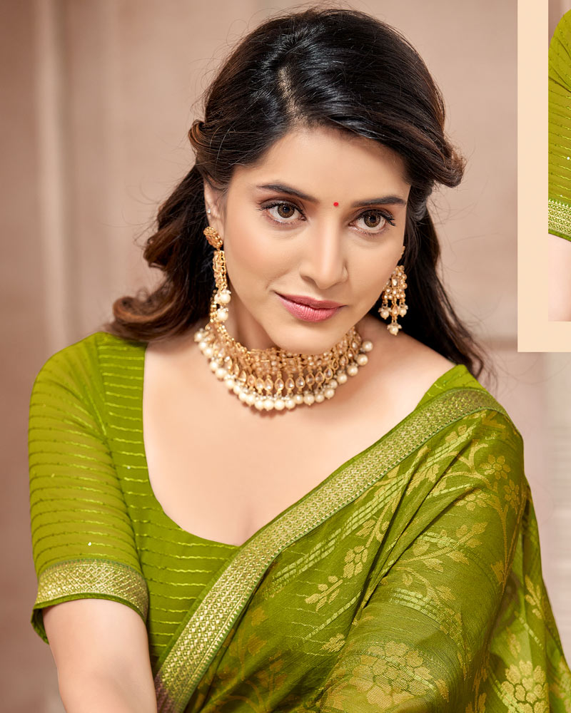 Vishal Prints Mehandi Green Patterned Brasso Saree With Zari Border
