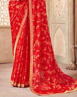 Vishal Prints Cherry Red Patterned Brasso Saree With Zari Border