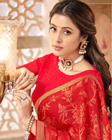 Vishal Prints Cherry Red Patterned Brasso Saree With Zari Border