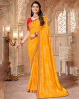 Vishal Prints Yellowish Orange Patterned Brasso Saree With Zari Border