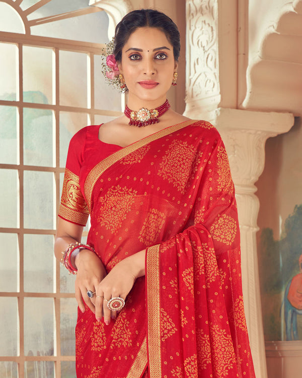 Vishal Prints Cherry Red Designer Patterned Brasso Saree With Zari Border