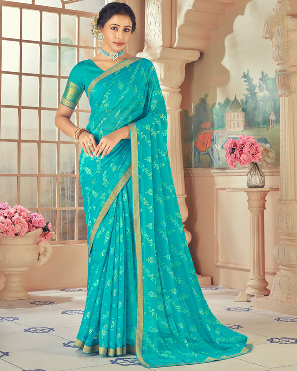 Vishal Prints Dark Turquoise Blue Designer Patterned Brasso Saree With Zari Border