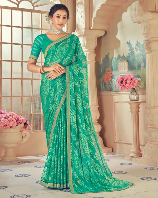 Vishal Prints Aqua Green Designer Patterned Brasso Saree With Zari Border