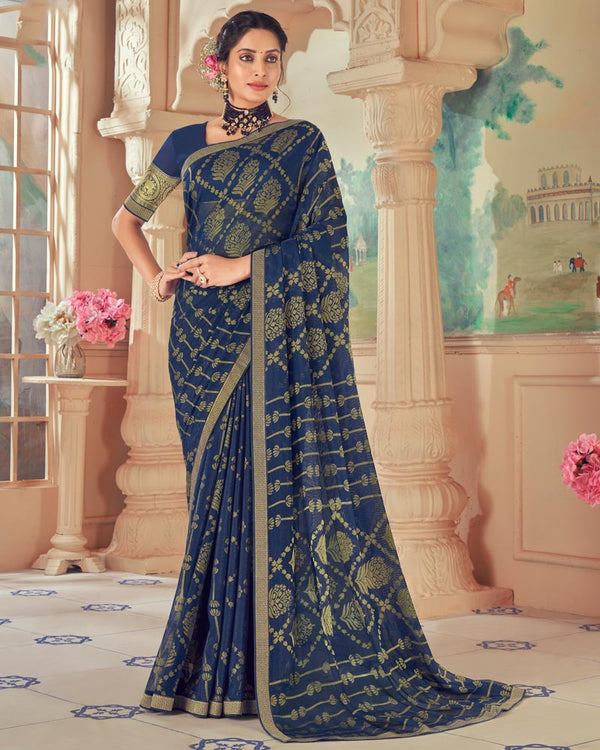 Vishal Prints Navy Blue Designer Patterned Brasso Saree With Zari Border