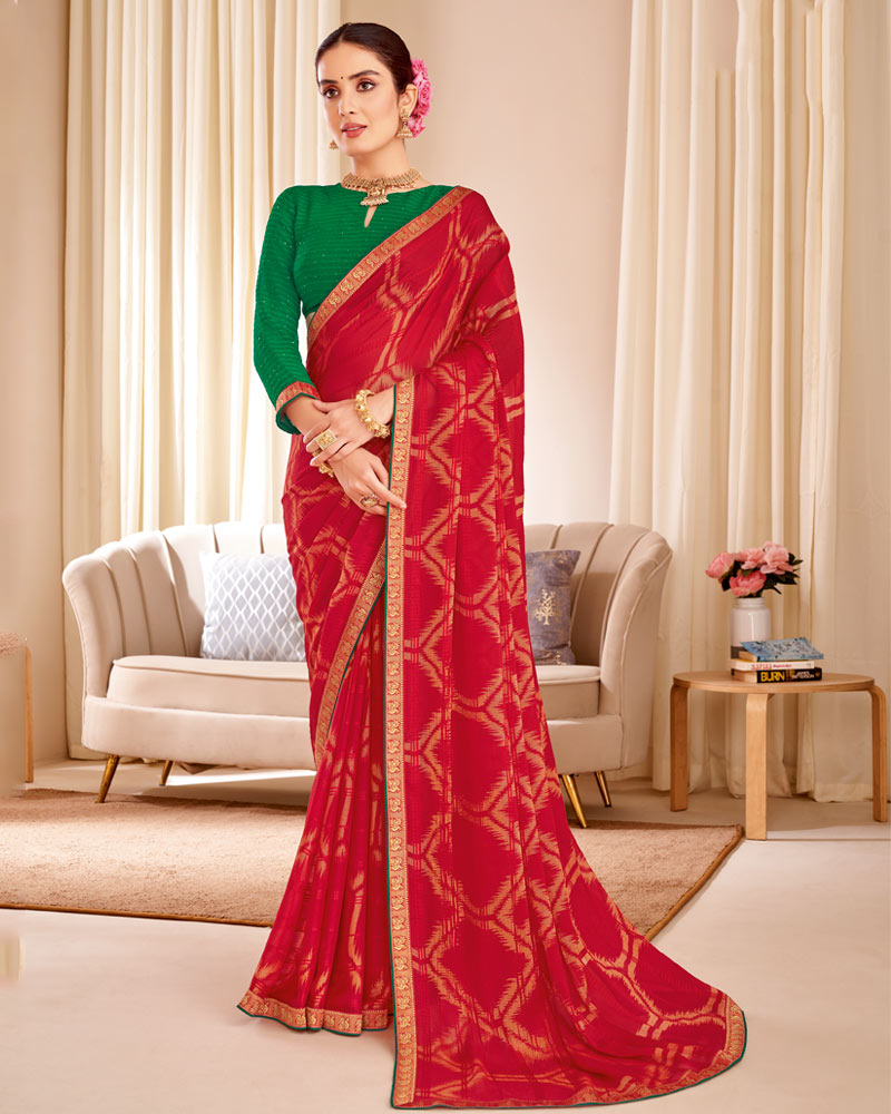 Vishal Prints Lipstick Red Designer Patterned Brasso Saree With Zari Border