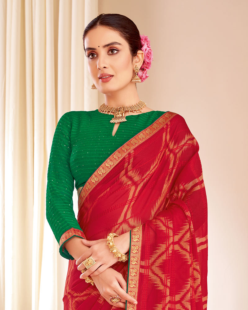 Vishal Prints Lipstick Red Designer Patterned Brasso Saree With Zari Border