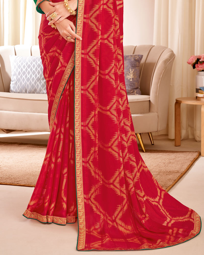Vishal Prints Lipstick Red Designer Patterned Brasso Saree With Zari Border