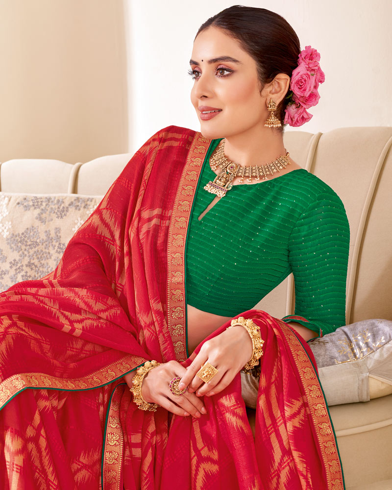 Vishal Prints Lipstick Red Designer Patterned Brasso Saree With Zari Border