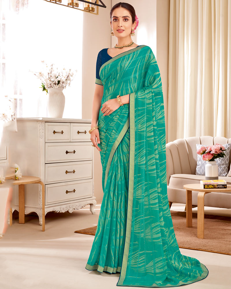 Vishal Prints Persian Green Designer Patterned Brasso Saree With Zari Border