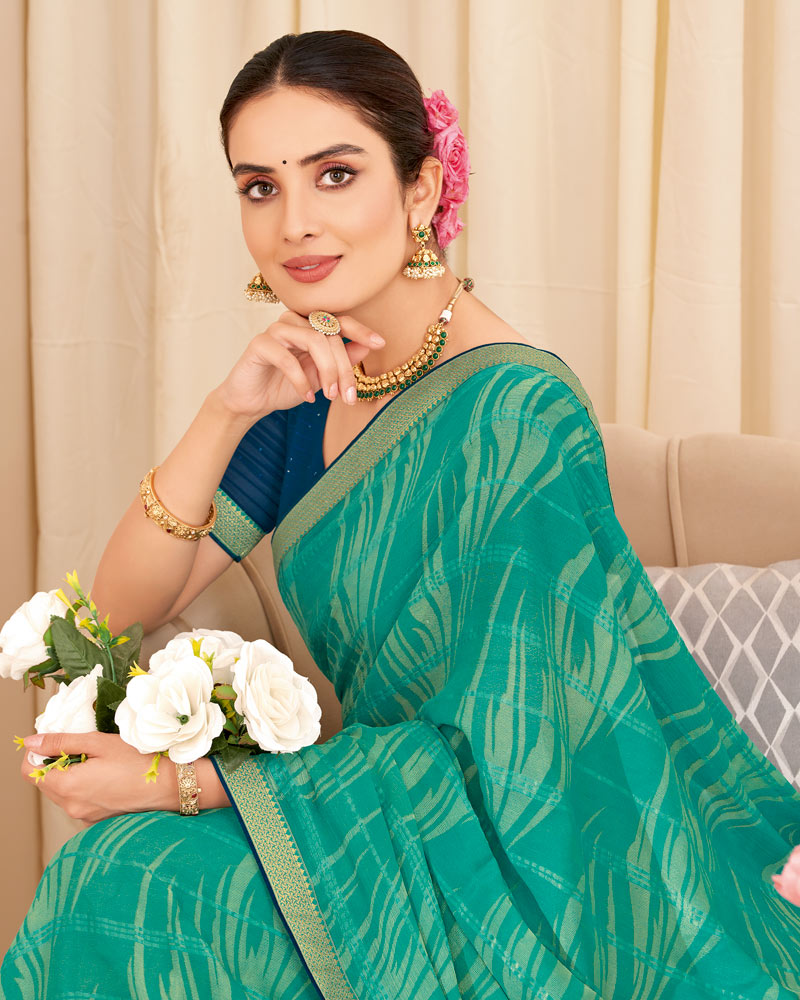 Vishal Prints Persian Green Designer Patterned Brasso Saree With Zari Border