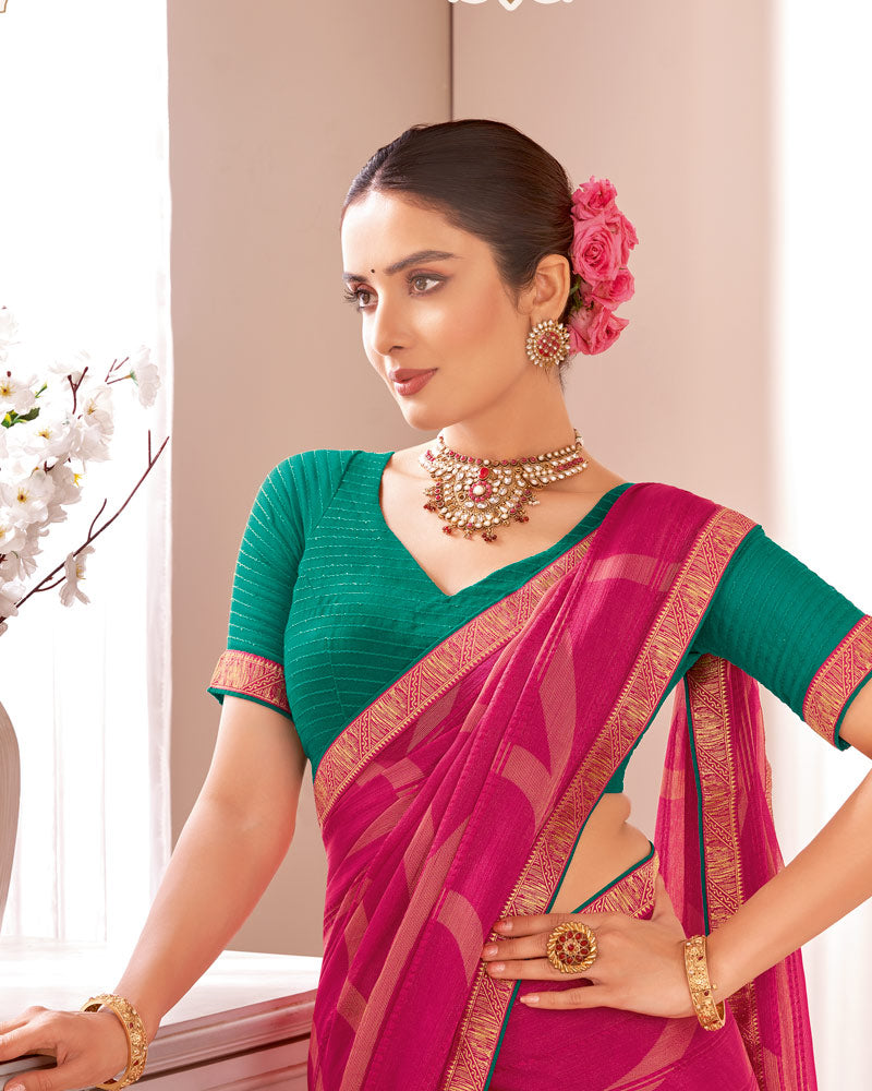 Vishal Prints Dark Hot Pink Designer Patterned Brasso Saree With Zari Border