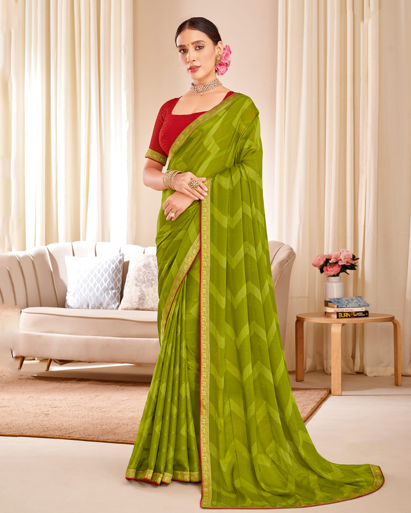 Vishal Prints Olive Green Designer Patterned Brasso Saree With Zari Border