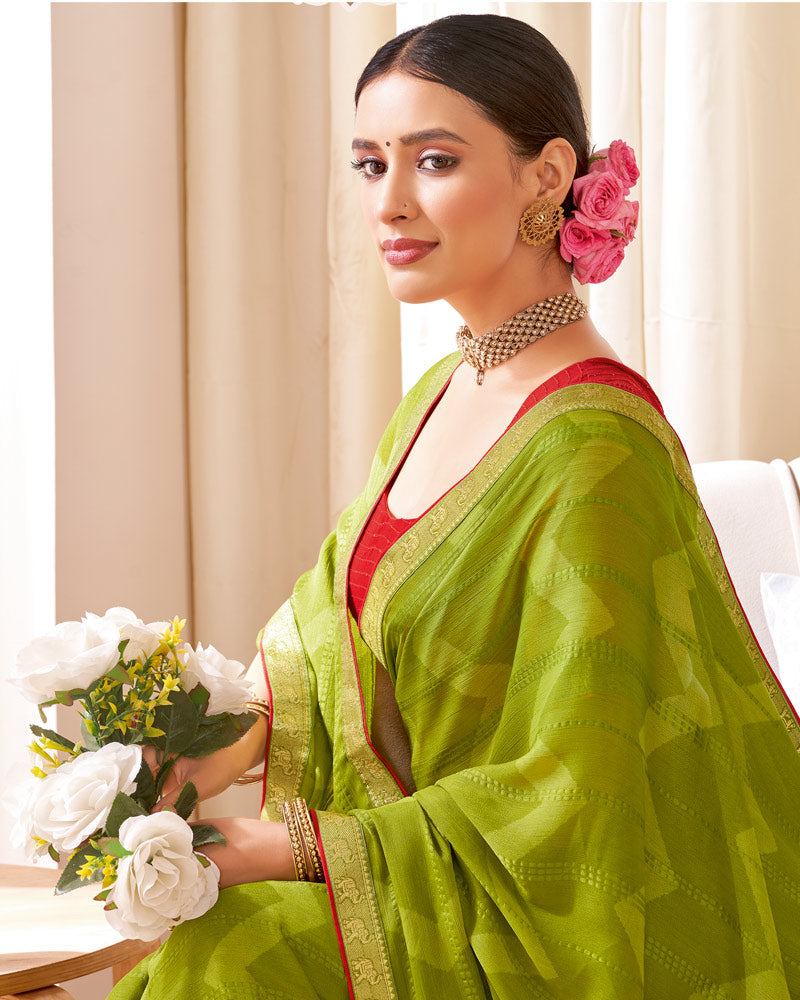 Vishal Prints Olive Green Designer Patterned Brasso Saree With Zari Border