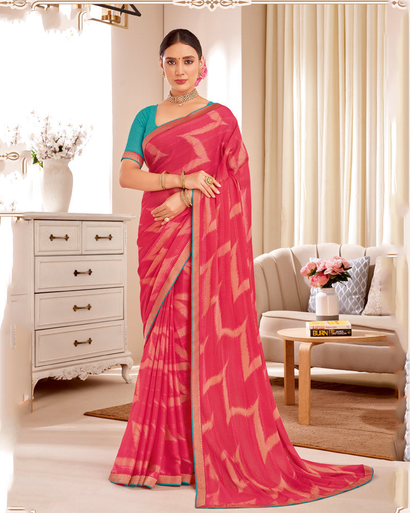 Vishal Prints Deep Carmine Pink Designer Patterned Brasso Saree With Zari Border