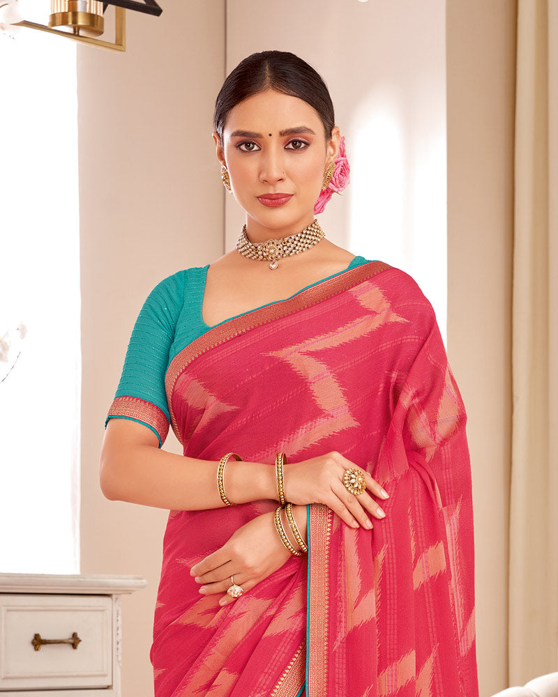 Vishal Prints Deep Carmine Pink Designer Patterned Brasso Saree With Zari Border