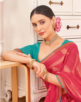 Vishal Prints Deep Carmine Pink Designer Patterned Brasso Saree With Zari Border