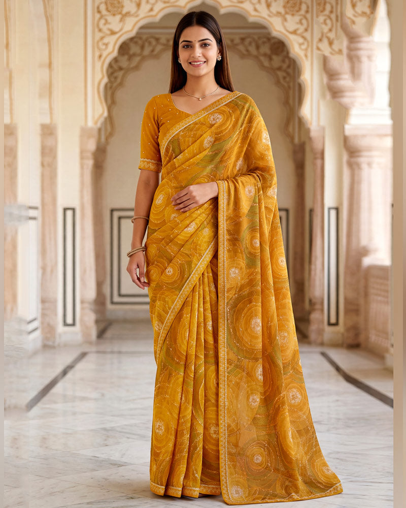 Vishal Prints Yellow Mustard Printed Chiffon Saree With Fancy Border