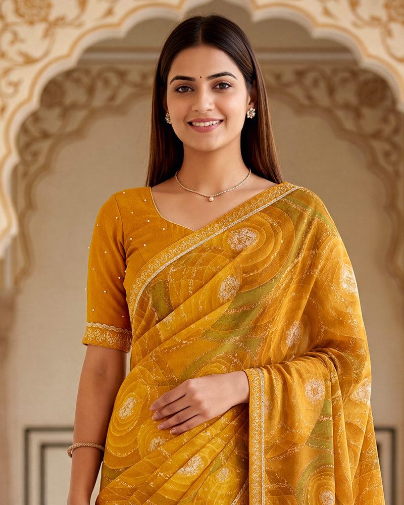 Vishal Prints Yellow Mustard Printed Chiffon Saree With Fancy Border