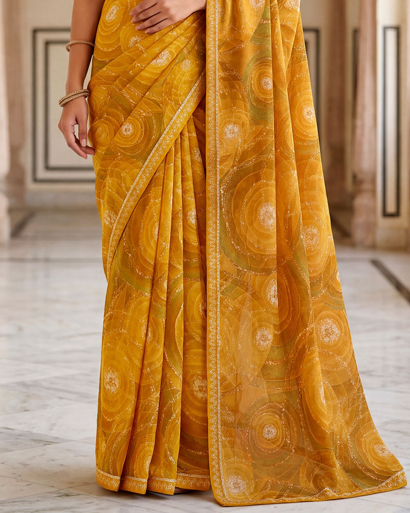 Vishal Prints Yellow Mustard Printed Chiffon Saree With Fancy Border