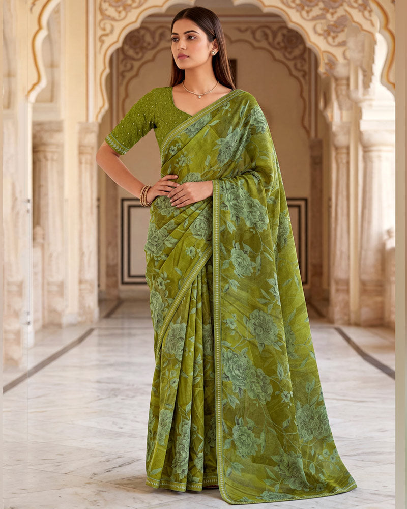 Vishal Prints Brownish Olive Green Printed Chiffon Saree With Fancy Border