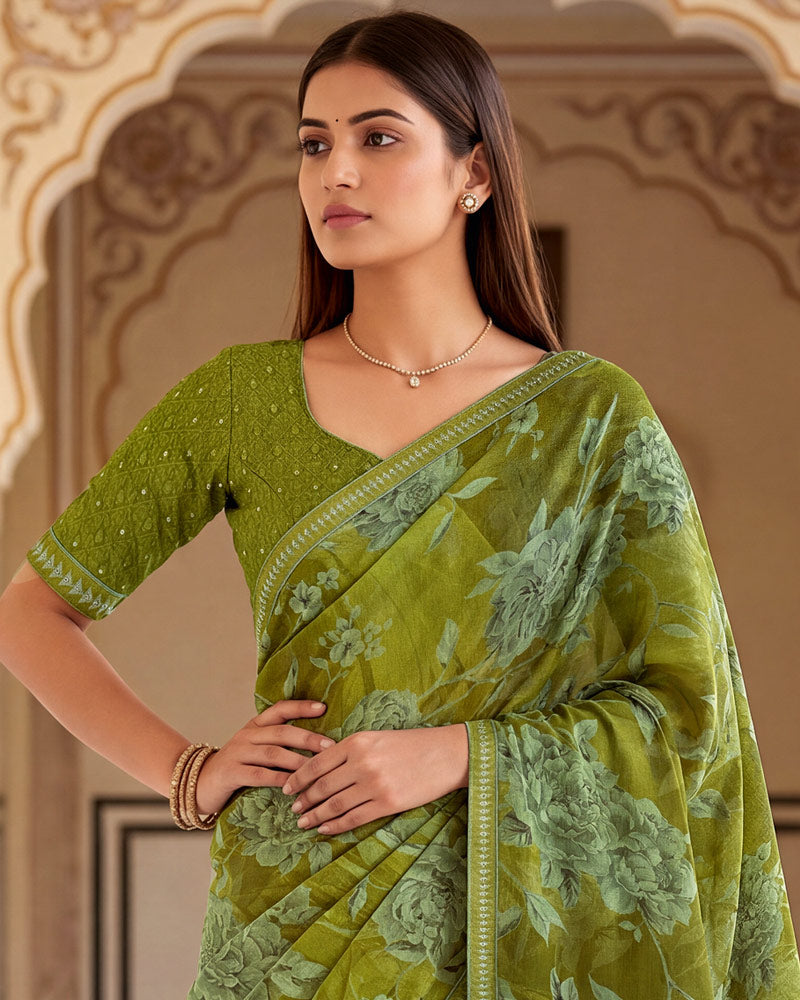 Vishal Prints Brownish Olive Green Printed Chiffon Saree With Fancy Border