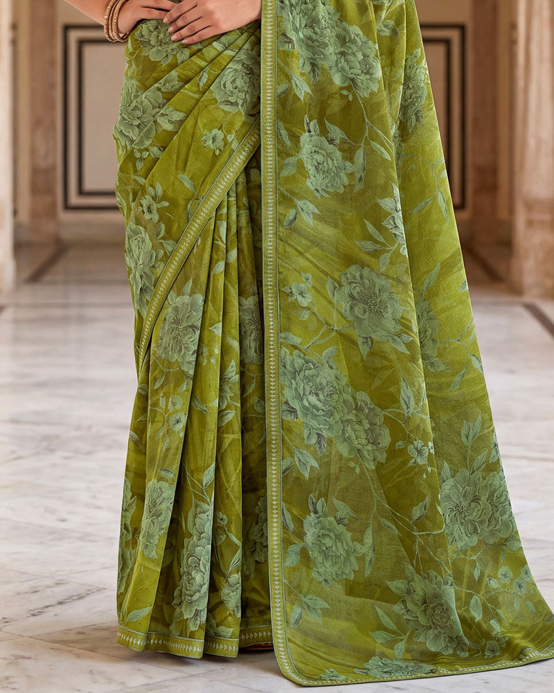 Vishal Prints Brownish Olive Green Printed Chiffon Saree With Fancy Border