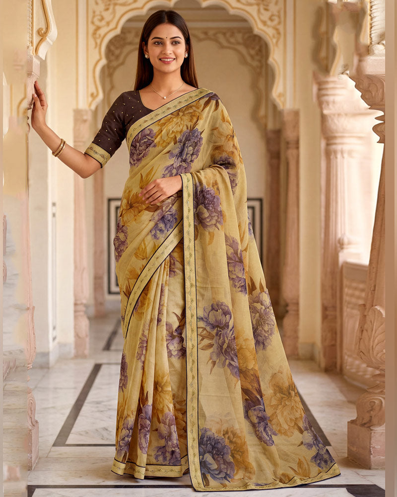 Vishal Prints Sandy Brown Printed Chiffon Saree With Fancy Border