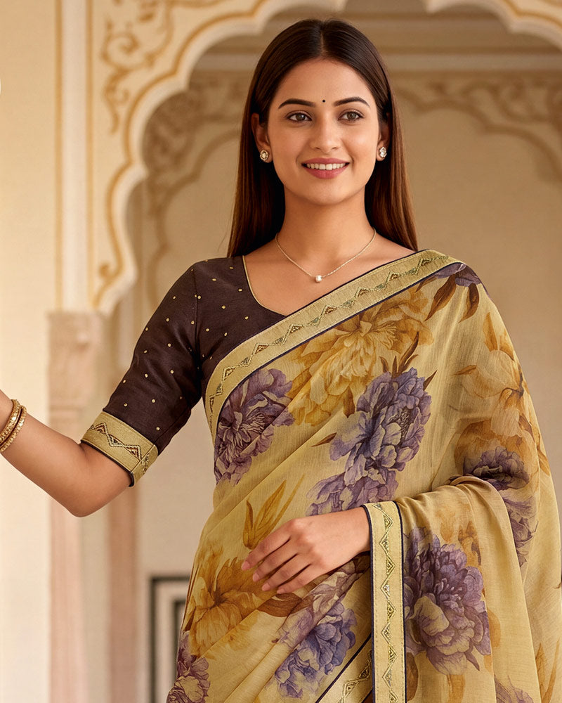 Vishal Prints Sandy Brown Printed Chiffon Saree With Fancy Border