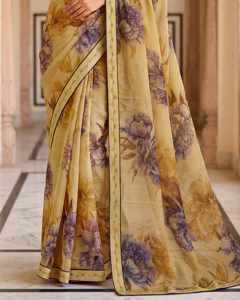 Vishal Prints Sandy Brown Printed Chiffon Saree With Fancy Border