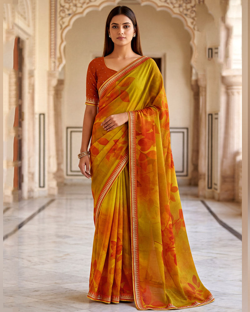 Vishal Prints Ochre Orange Printed Chiffon Saree With Fancy Border