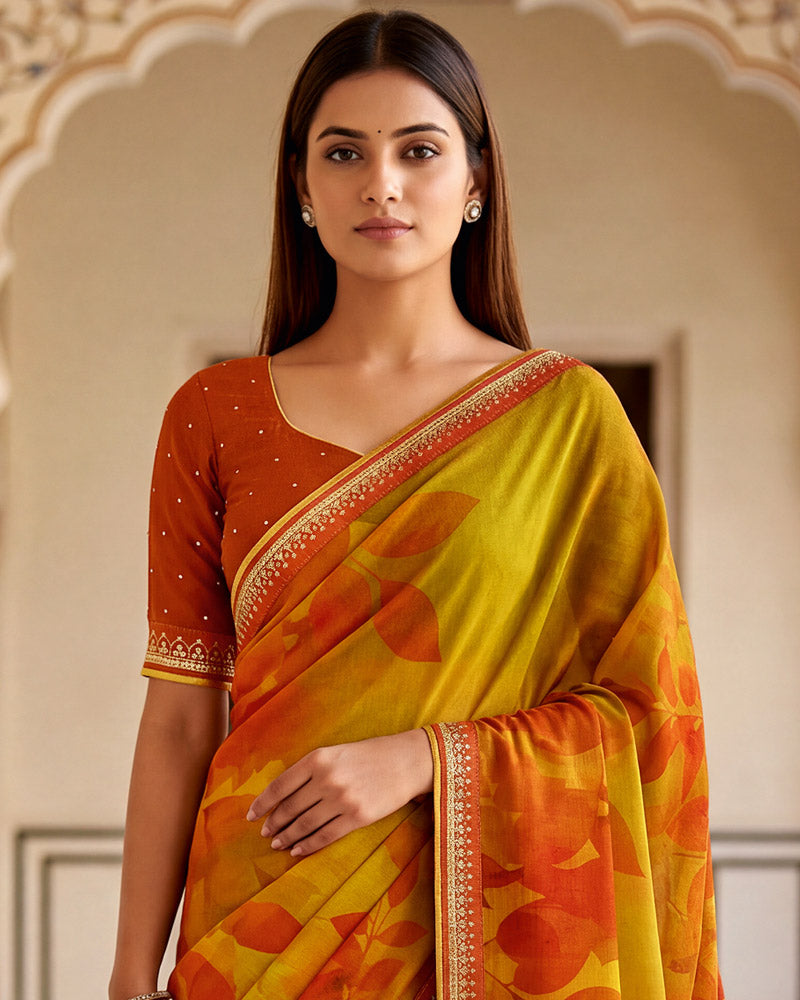 Vishal Prints Ochre Orange Printed Chiffon Saree With Fancy Border