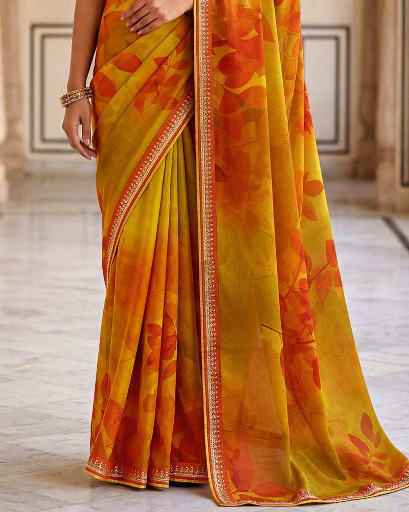 Vishal Prints Ochre Orange Printed Chiffon Saree With Fancy Border