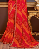 Vishal Prints Cherry Red Printed Georgette Saree With Fancy Border