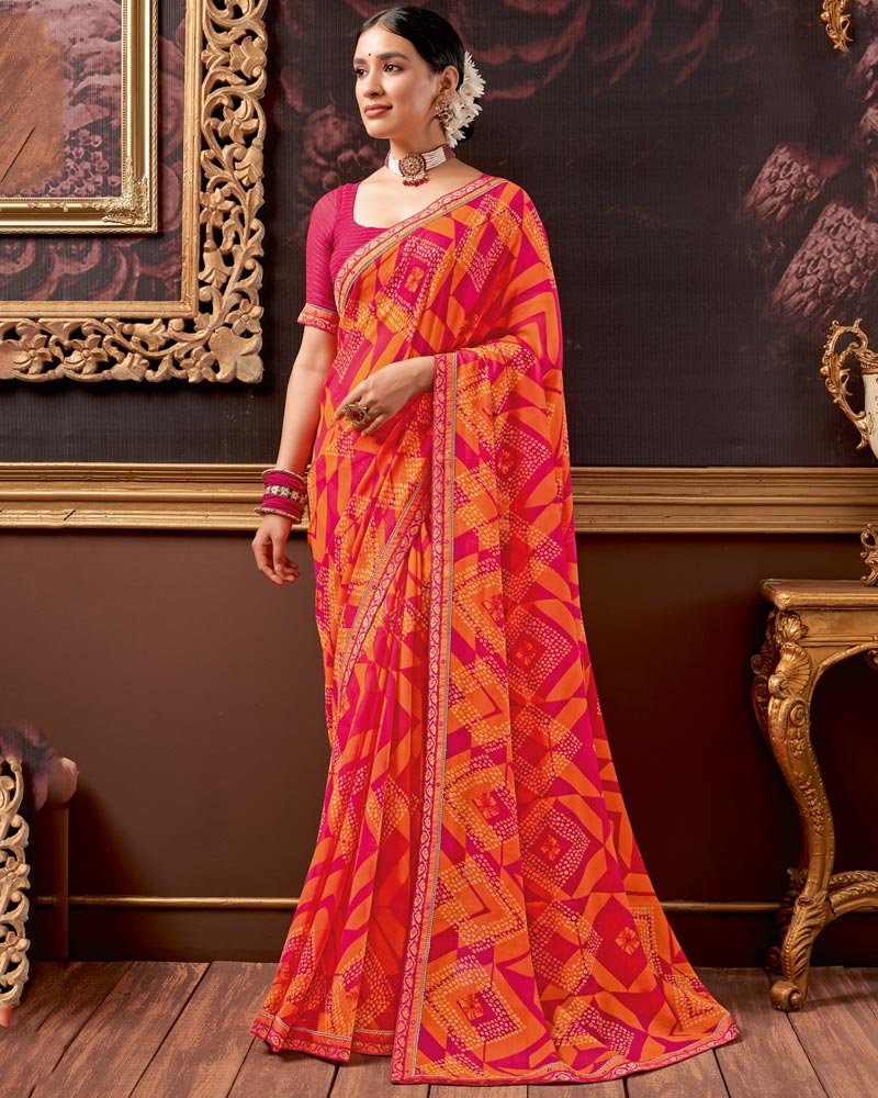 Vishal Prints Dark Pink Printed Georgette Saree With Fancy Border